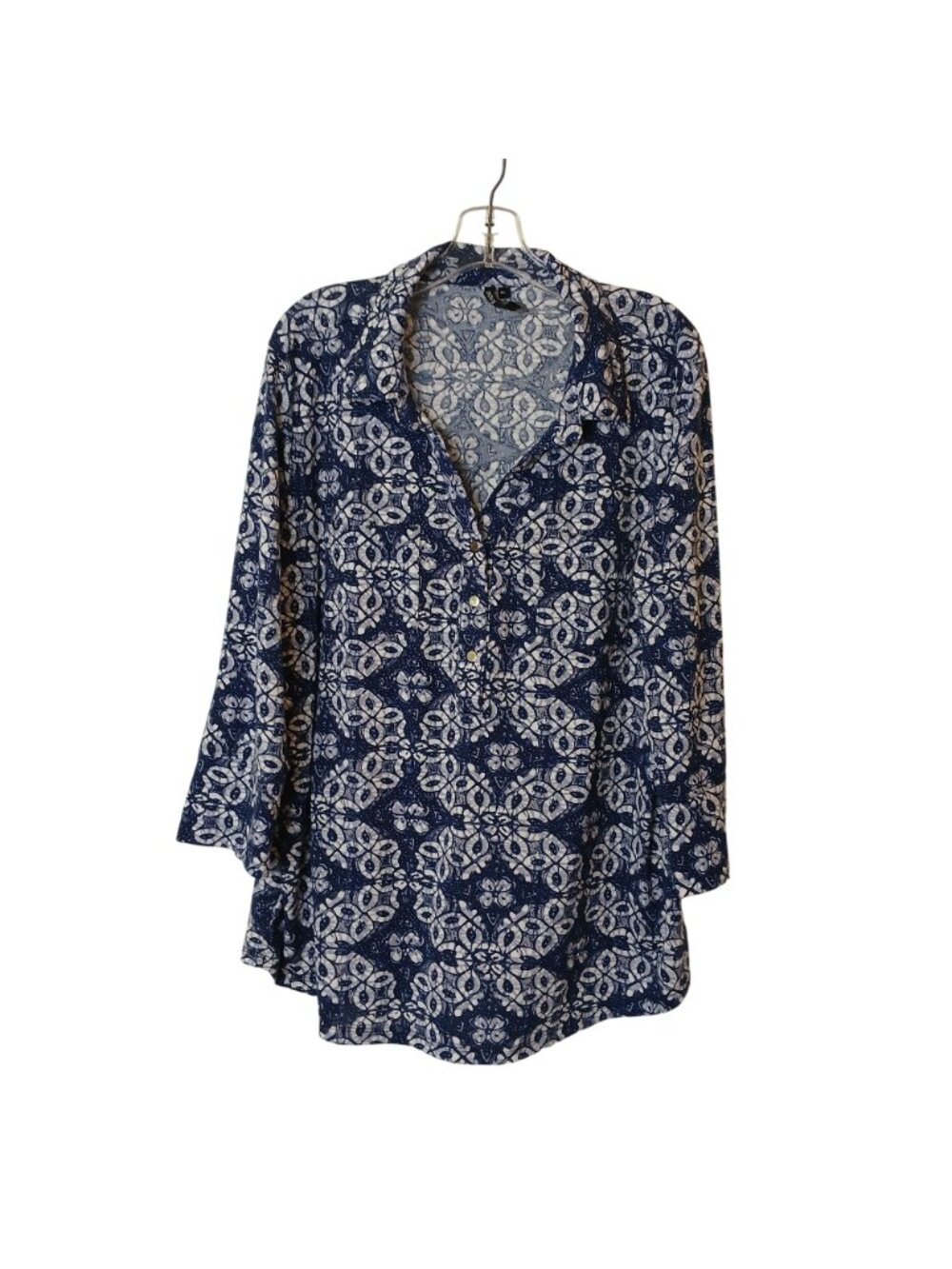 Cathy Womens XL Blue White Patterned Shirt Roll-Tab 3/4 Sleeve 1/4 Button #D-36 - Picture 10 of 10